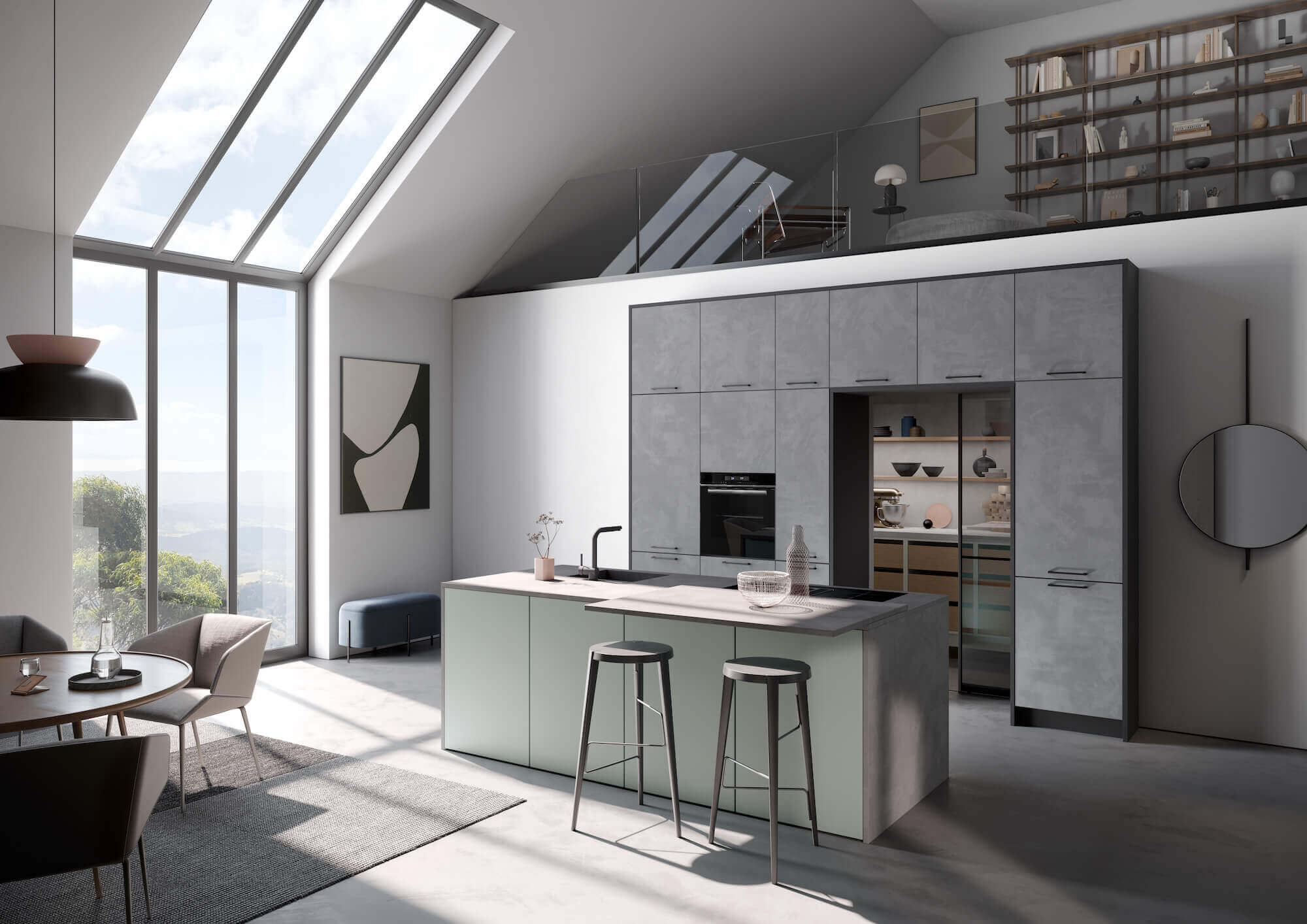 Häcker Design Inselküche Eukalyptus Spachtelbeton