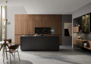 Küchenstile Häcker Designküche mit Kücheninsel Nussbaum schwarz