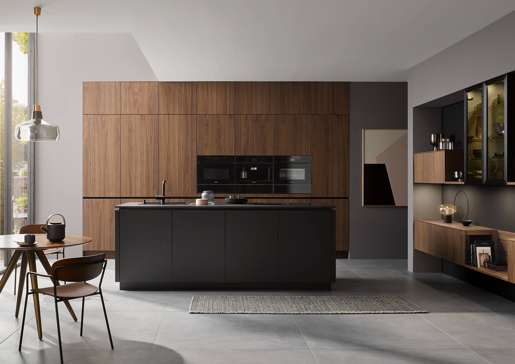 Küchenstile Häcker Designküche mit Kücheninsel Nussbaum schwarz