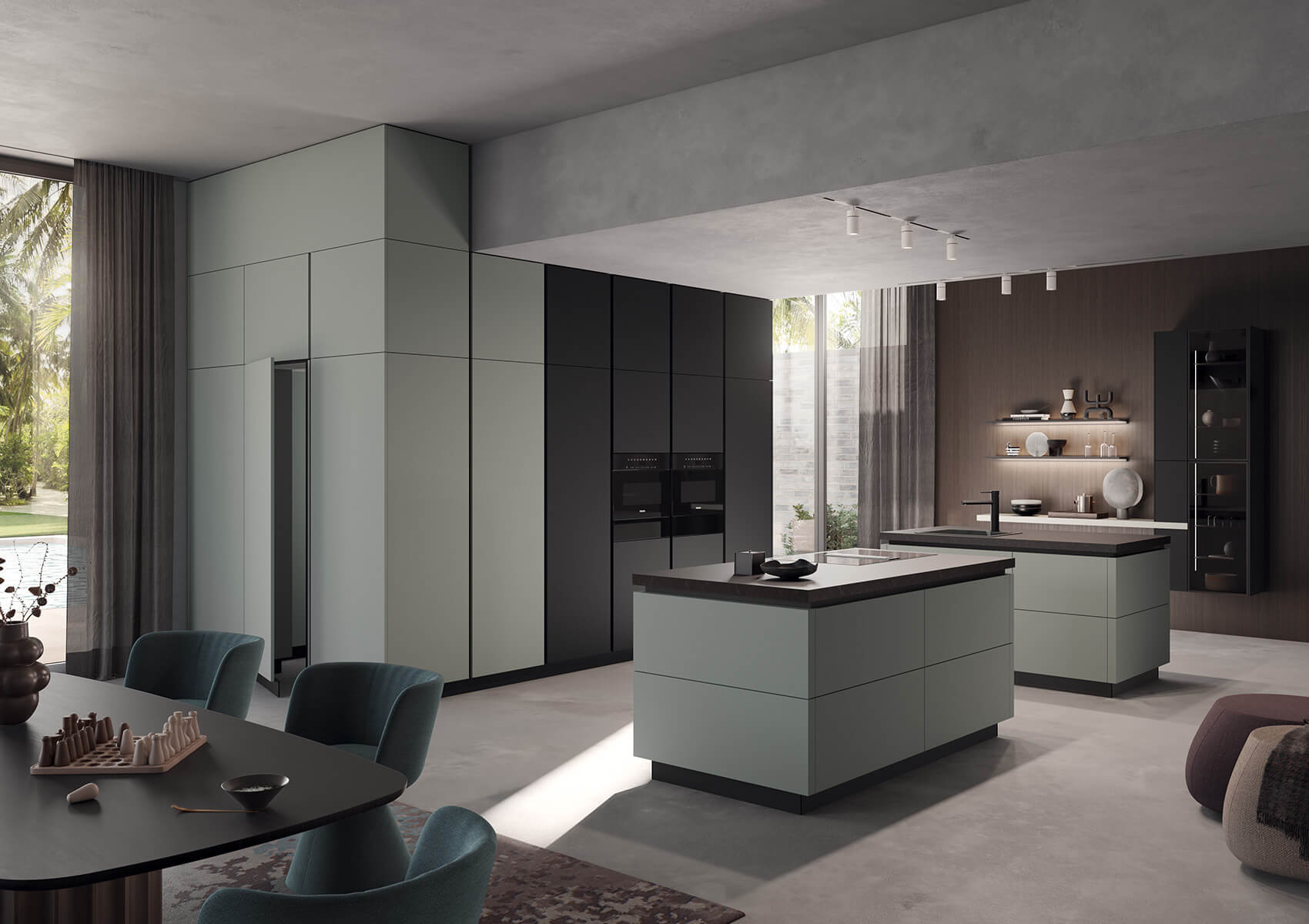 Häcker Designküche mit zwei Kücheninseln Eukalyptus schwarz