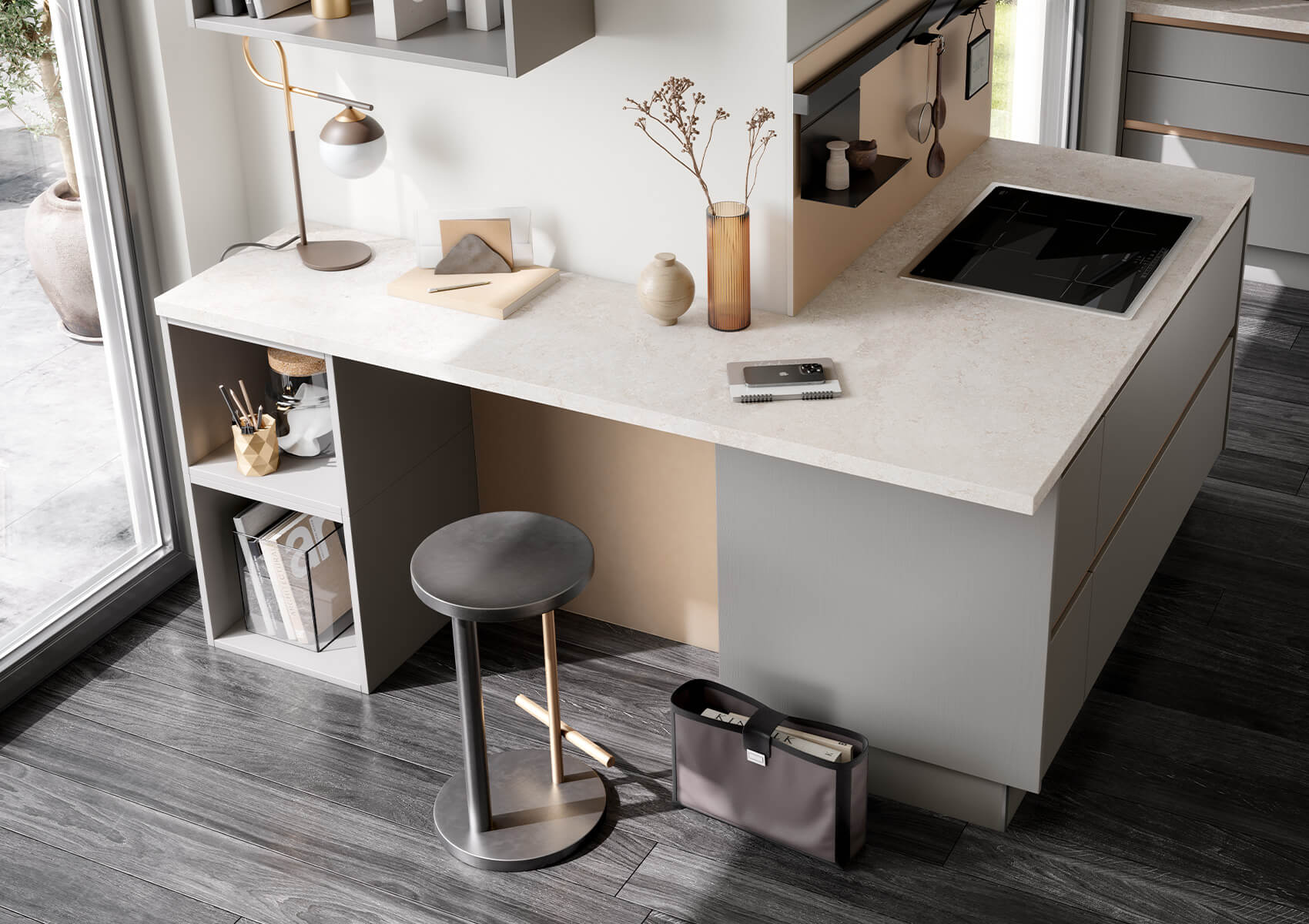 Häcker Designküche samteiche greige mit Home Office Schreibtisch