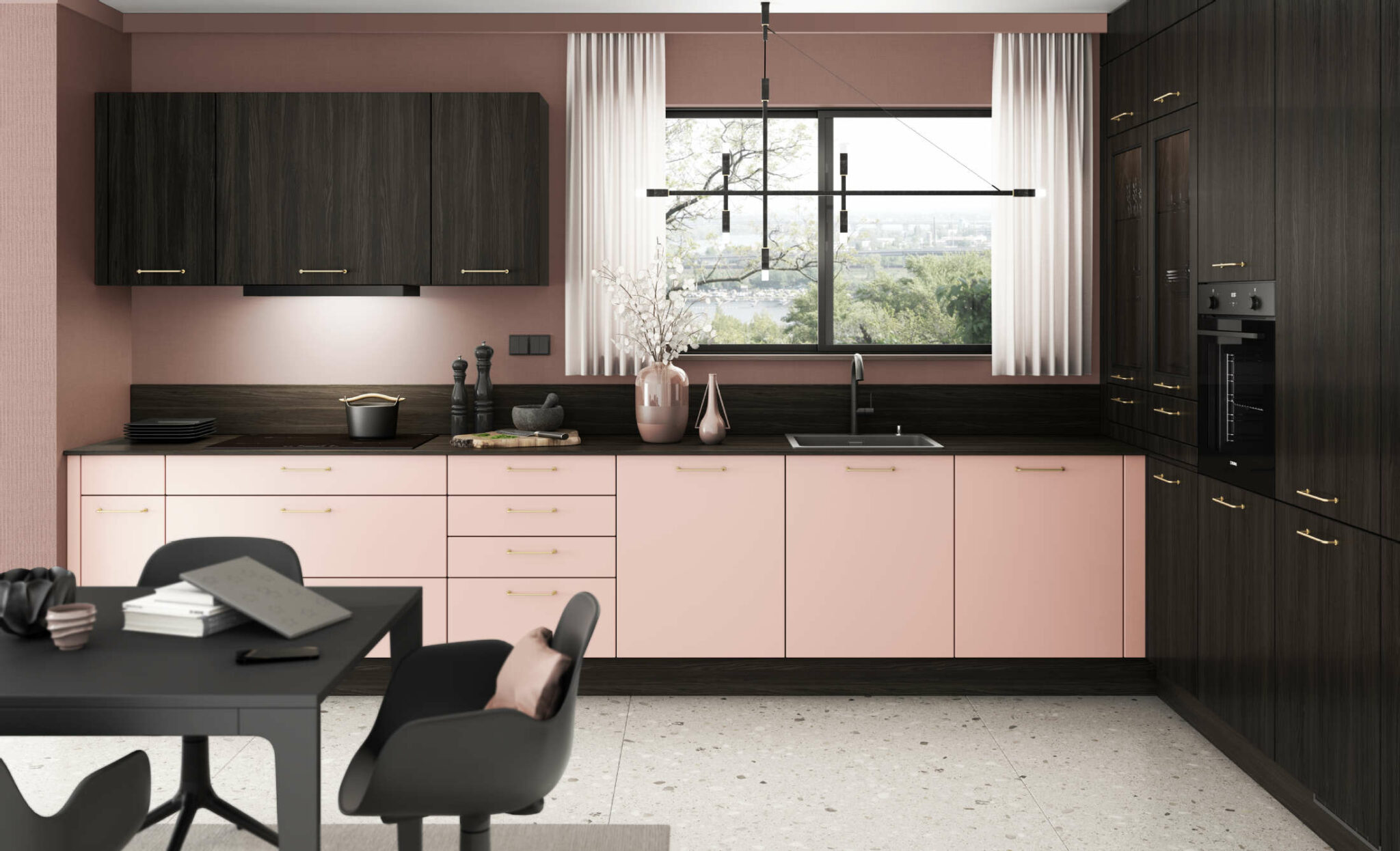 Burger moderne L-Küche Rosa mit dunklem Holz