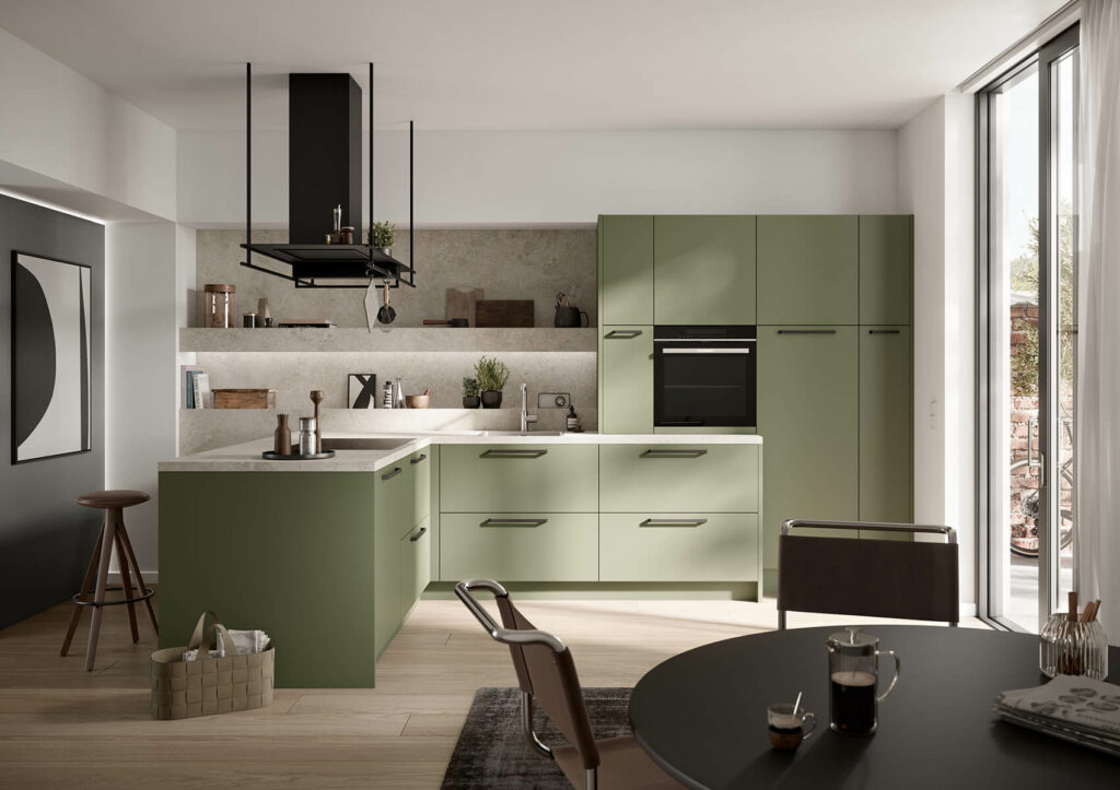 Häcker moderne L-Küche Olivgrün