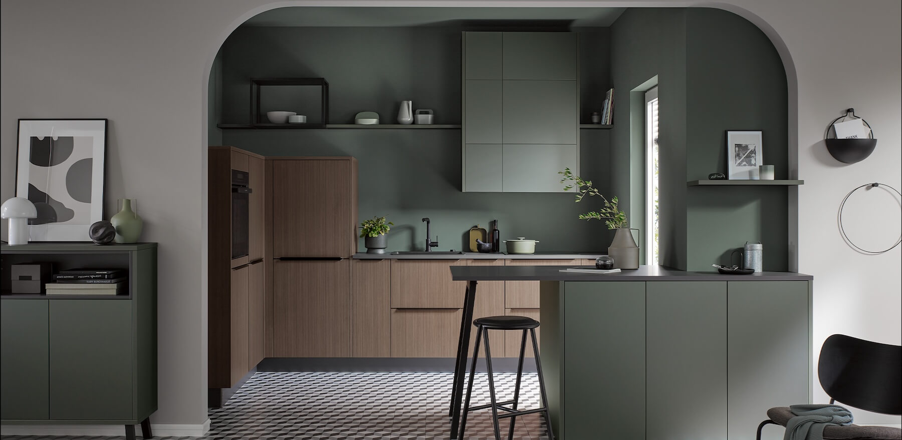 Haecker_Design_Inselkueche_Vegas_Gruen-metallic_Walnuss-natur