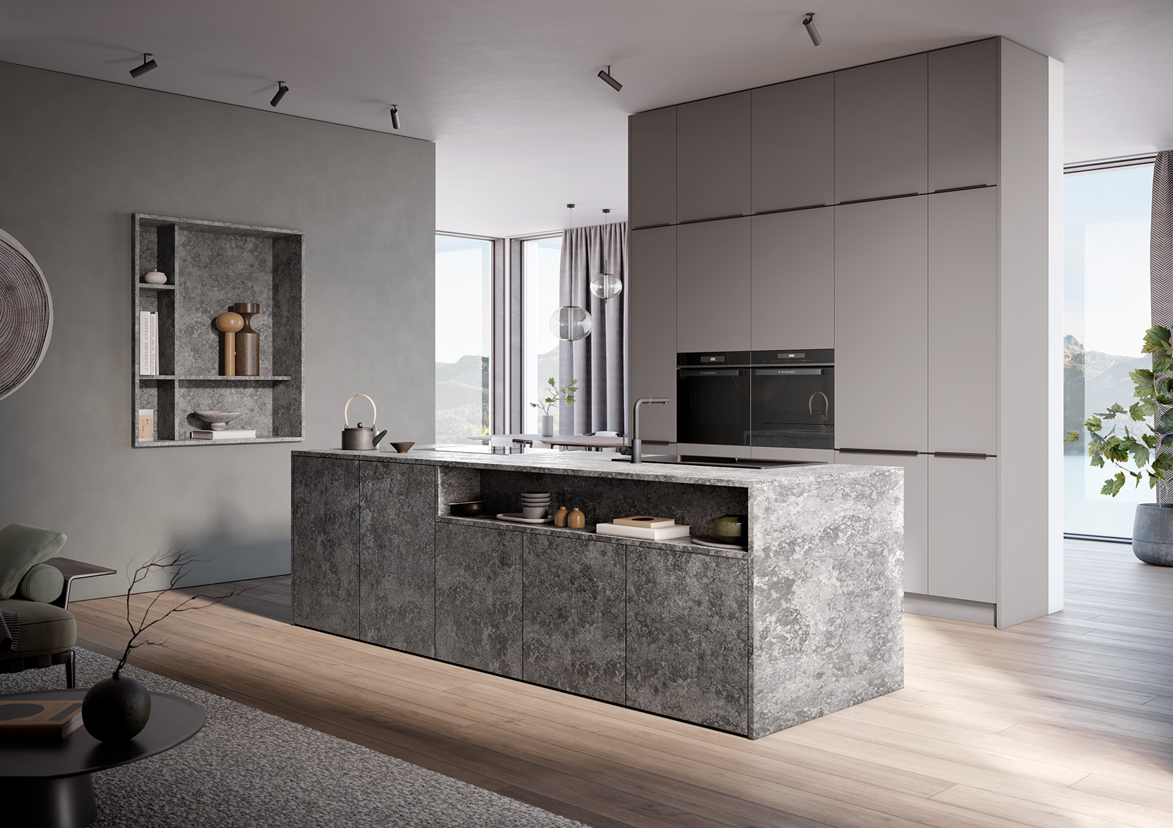 Häcker Design Inselküche Granitdunkelgrau Schichtstoff Arbeitsplatten