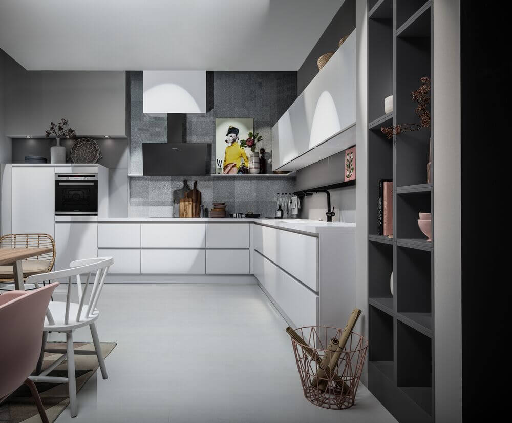 Häcker moderne Küche L-Form Polarweiß matt